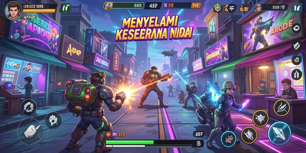 Tangkapan layar gameplay 4P4P menampilkan aksi seru permainan Arcade.