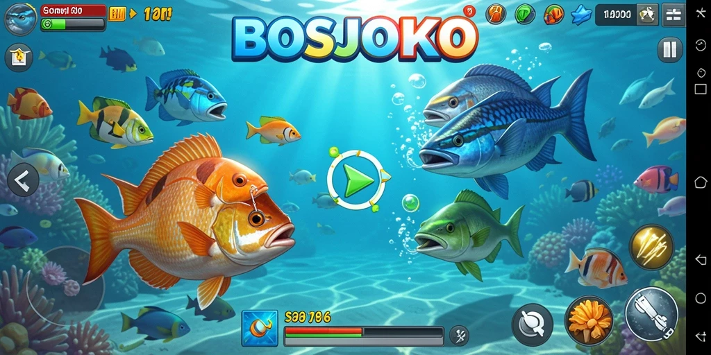 Gameplay seru BOSJOKO saat menangkap ikan berwarna-warni.